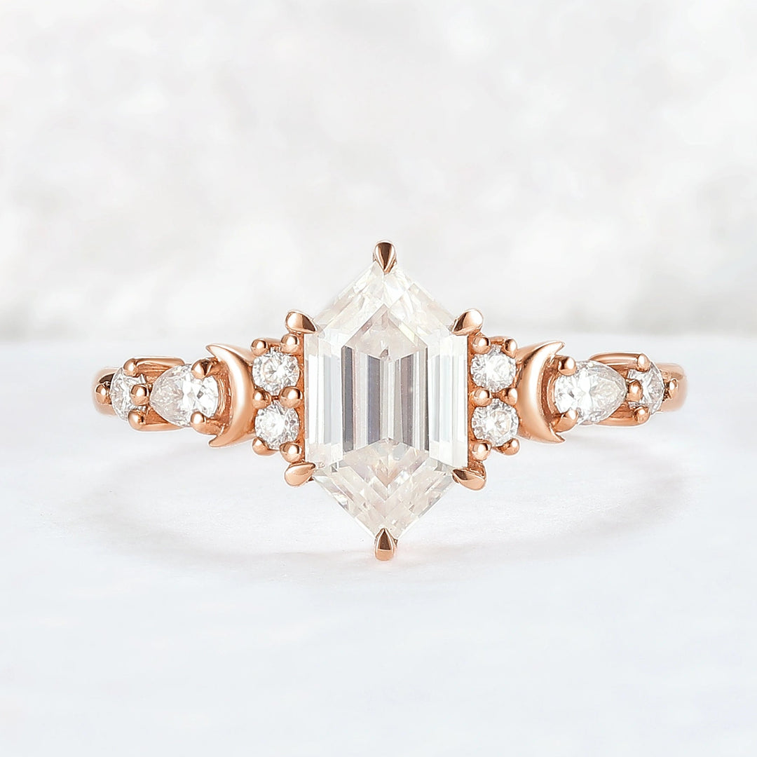 Cluster Hexagon Cut Moissanite Moon Gemstone Ring