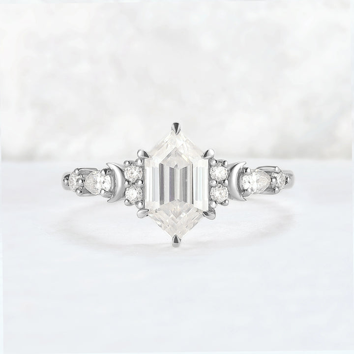 Cluster Hexagon Cut Moissanite Moon Gemstone Ring