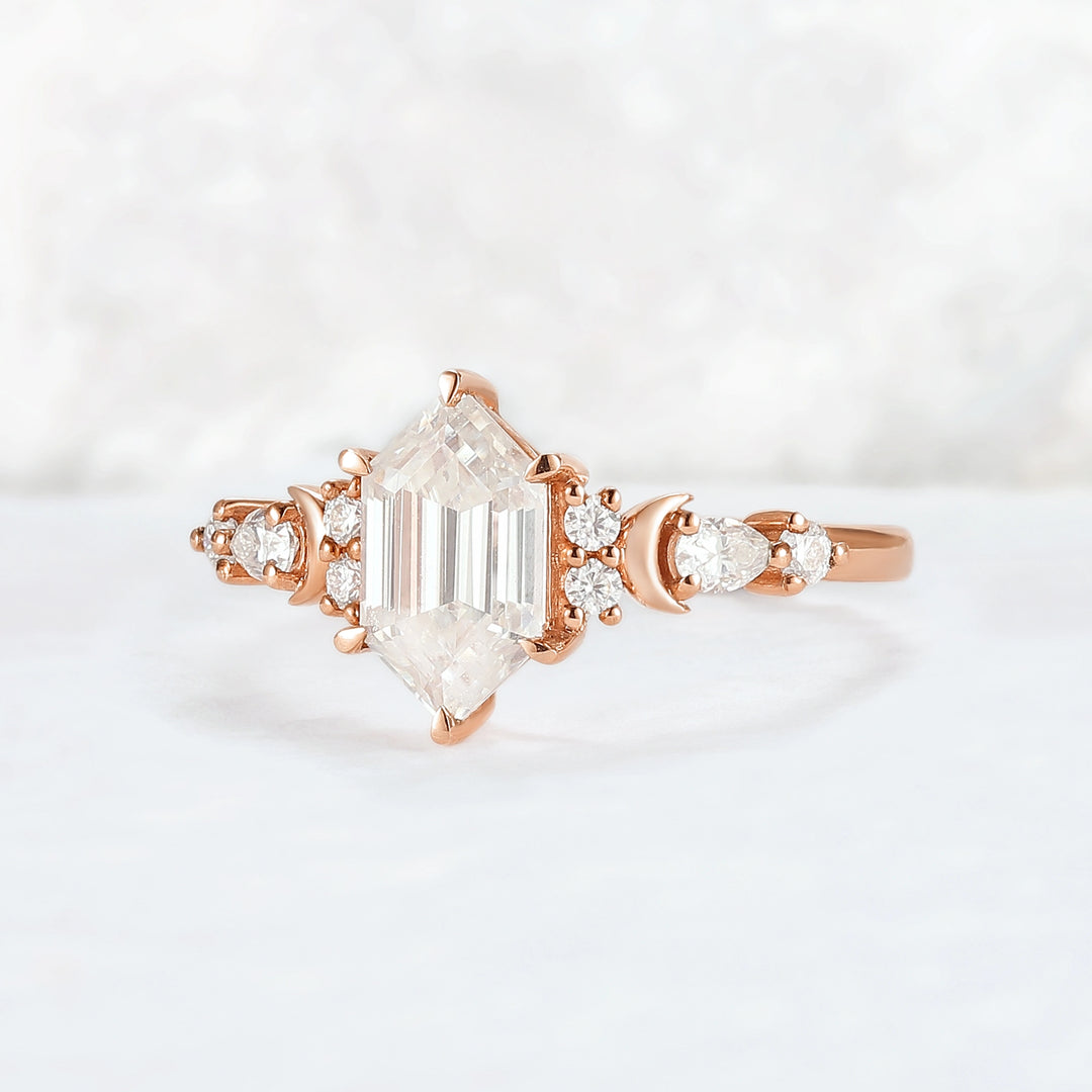 Cluster Hexagon Cut Moissanite Moon Gemstone Ring