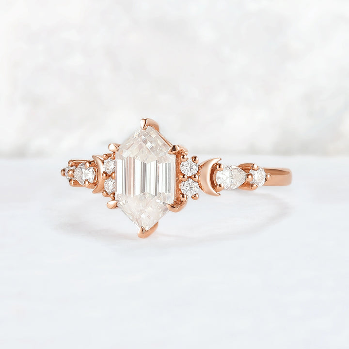 Cluster Hexagon Cut Moissanite Moon Gemstone Ring