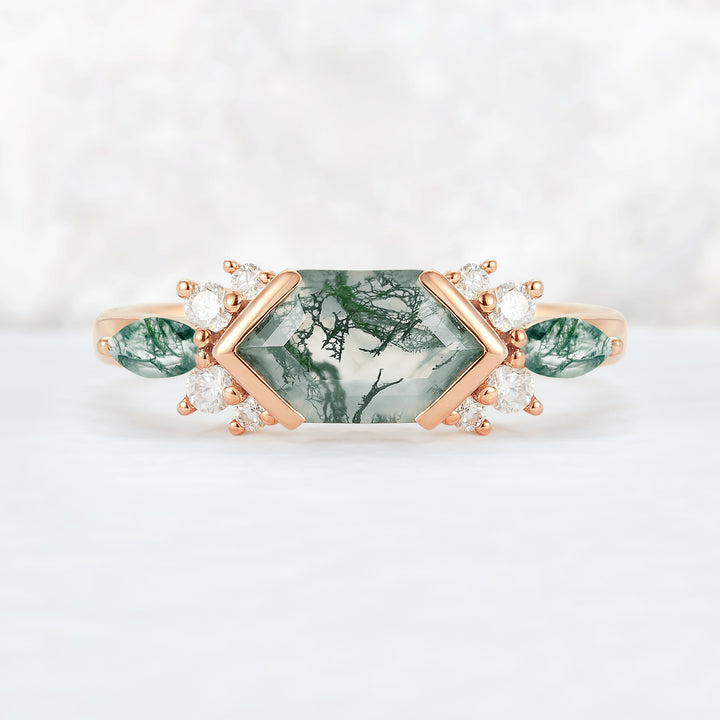 Cluster Hexagon Cut Moss Agate Bezel 14K Gold  Gemstone Ring