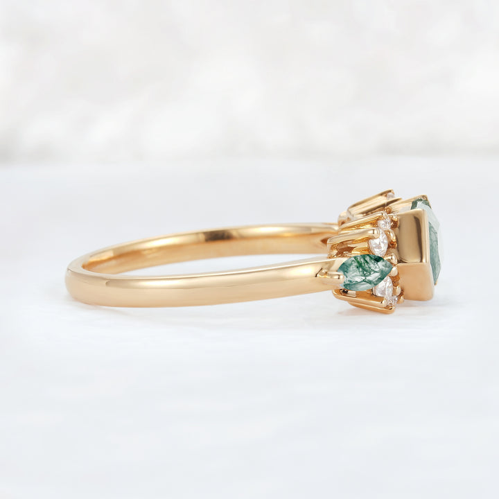 Cluster Hexagon Cut Moss Agate Bezel 14K Yellow Gold  Engagement Ring - Iver Jewelry