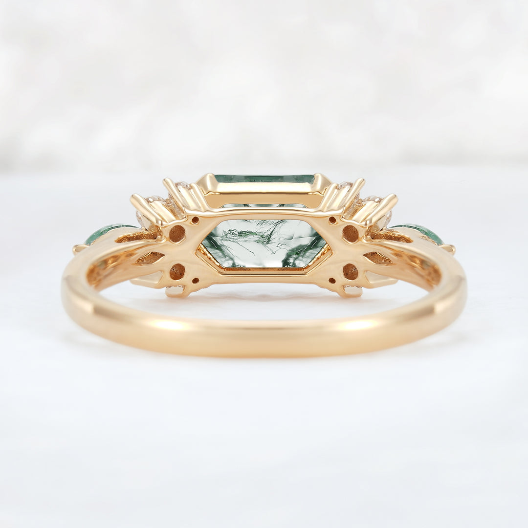 Cluster Hexagon Cut Moss Agate Bezel 14K Yellow Gold  Engagement Ring - Iver Jewelry