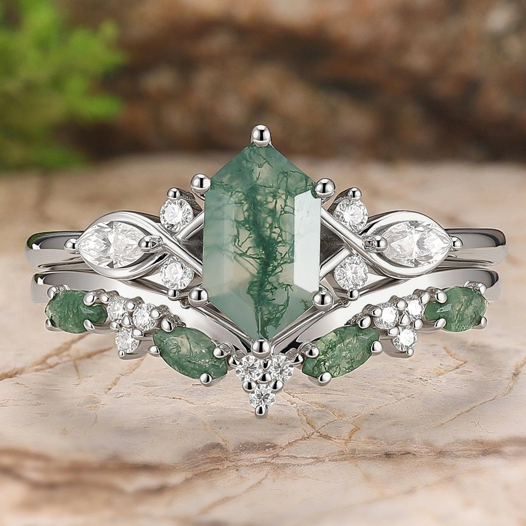 Cluster Hexagon Cut Moss Agate Seven Stones Ring Set 2pcs