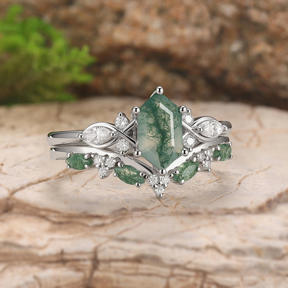 Cluster Hexagon Cut Moss Agate Seven Stones Ring Set 2pcs