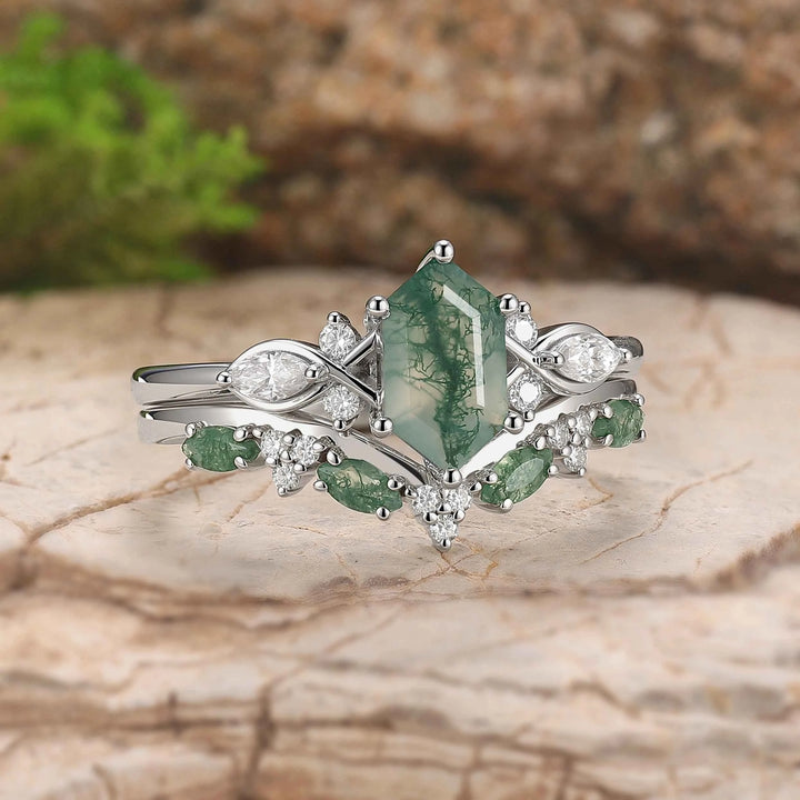 Cluster Hexagon Cut Moss Agate Seven Stones Silver Ring Set 2pcs