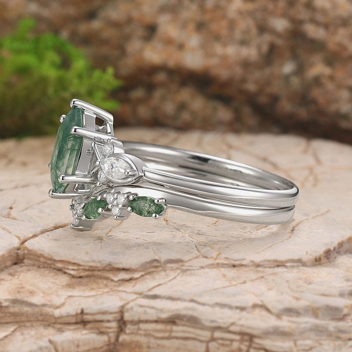 Cluster Hexagon Cut Moss Agate Seven Stones Silver Ring Set 2pcs