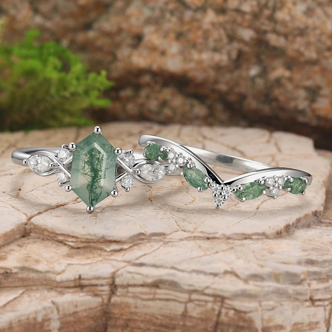 Cluster Hexagon Cut Moss Agate Seven Stones Silver Ring Set 2pcs