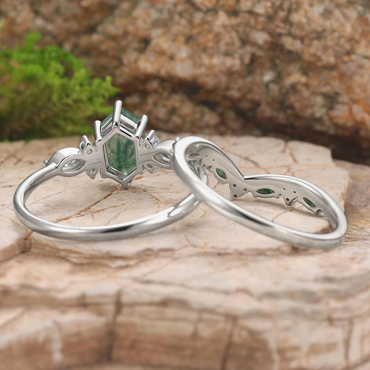 Cluster Hexagon Cut Moss Agate Seven Stones Silver Ring Set 2pcs