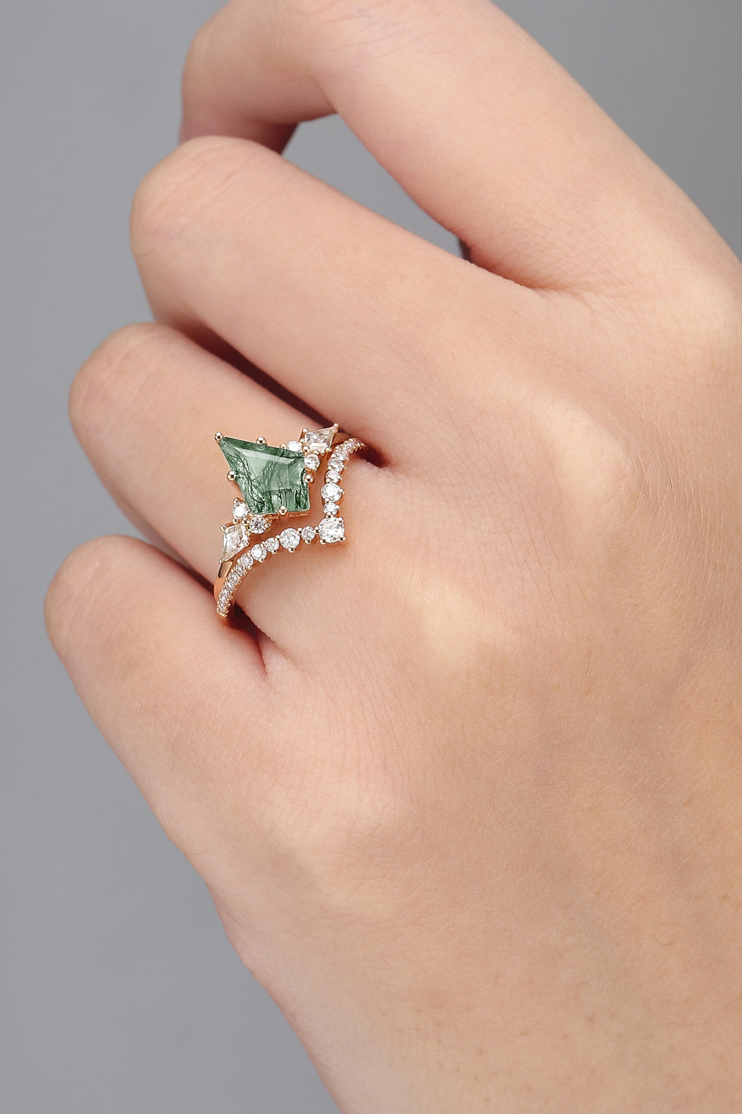 Cluster Kite Cut Moss Agate Egagement Ring Set 2pcs