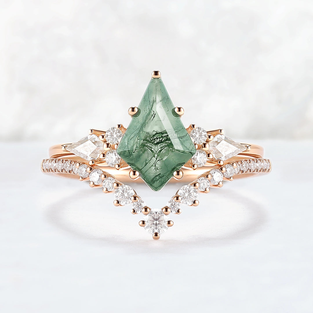 Cluster Kite Cut Moss Agate Egagement Ring Set 2pcs