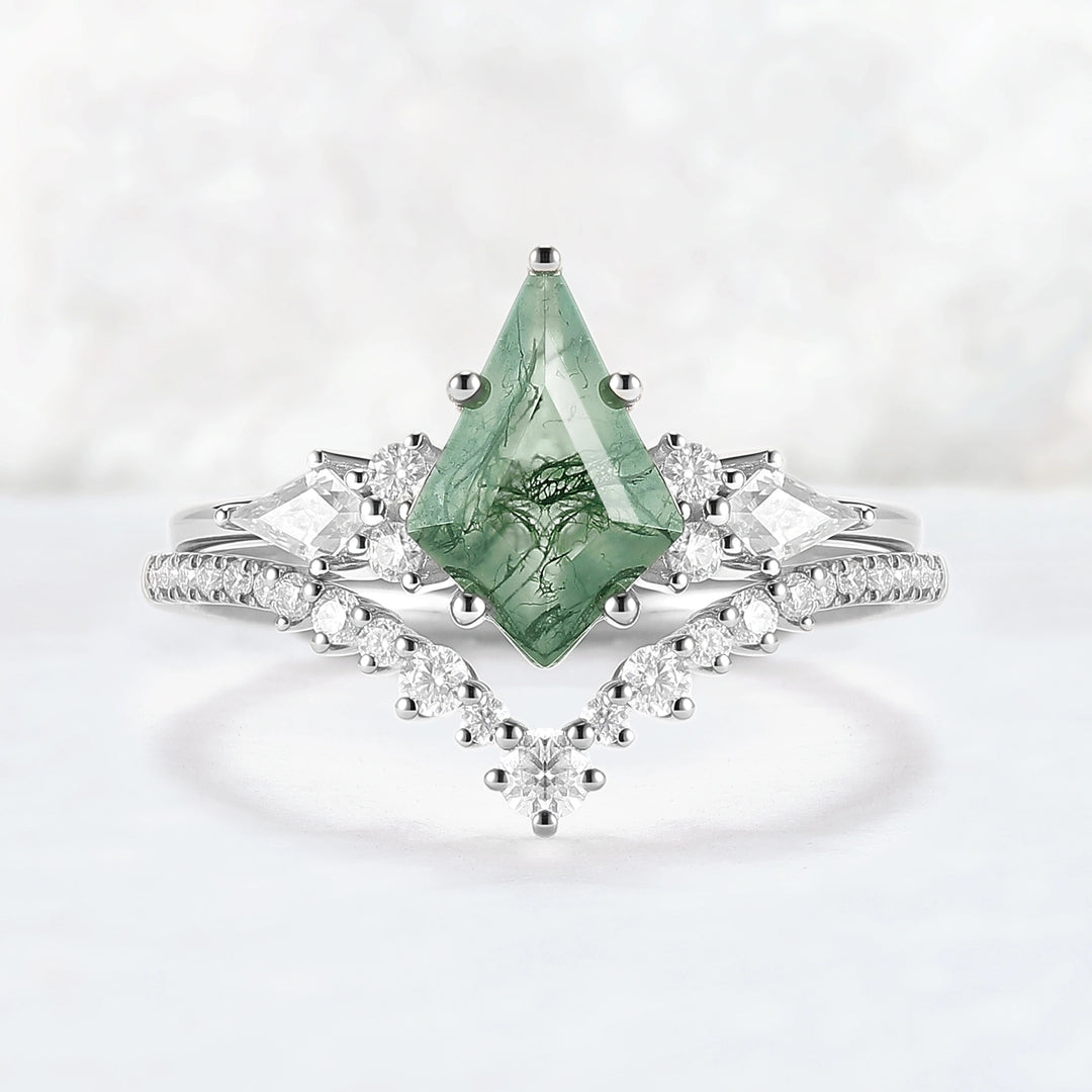 Cluster Kite Cut Moss Agate Egagement Ring Set 2pcs