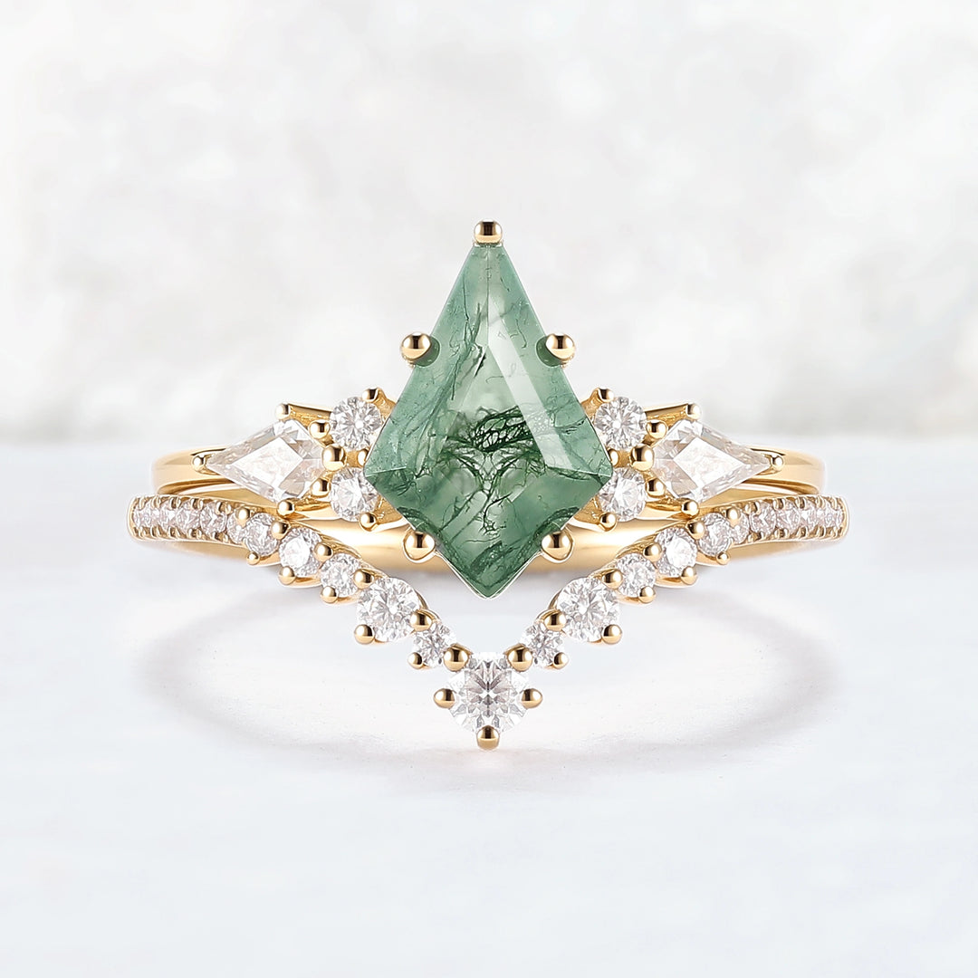Cluster Kite Cut Moss Agate Egagement Ring Set 2pcs