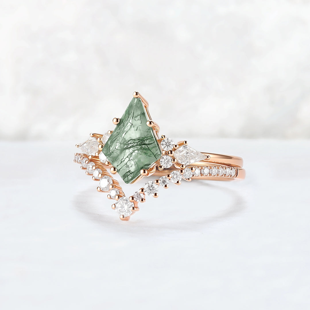 Cluster Kite Cut Moss Agate Egagement Ring Set 2pcs