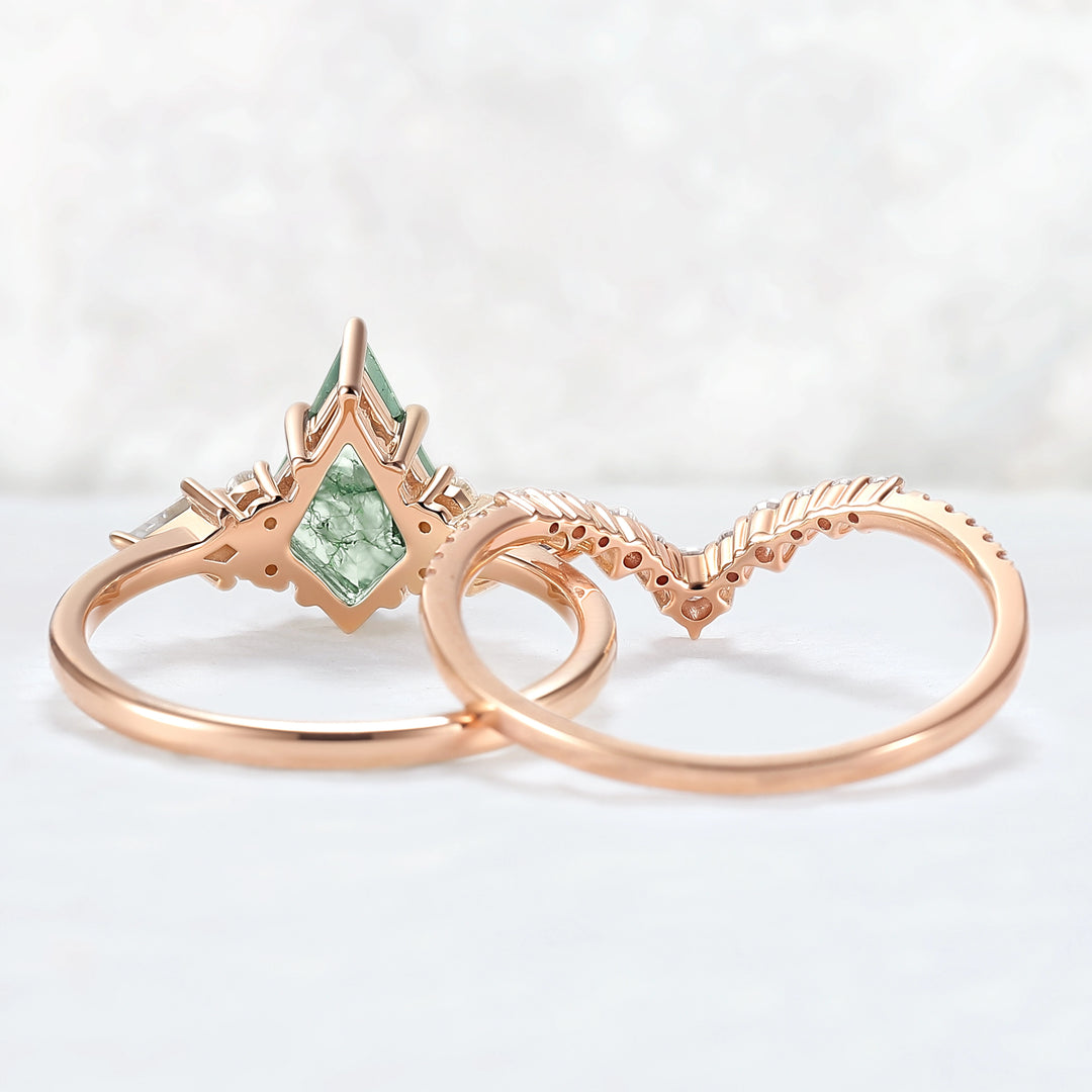 Cluster Kite Cut Moss Agate Egagement Ring Set 2pcs