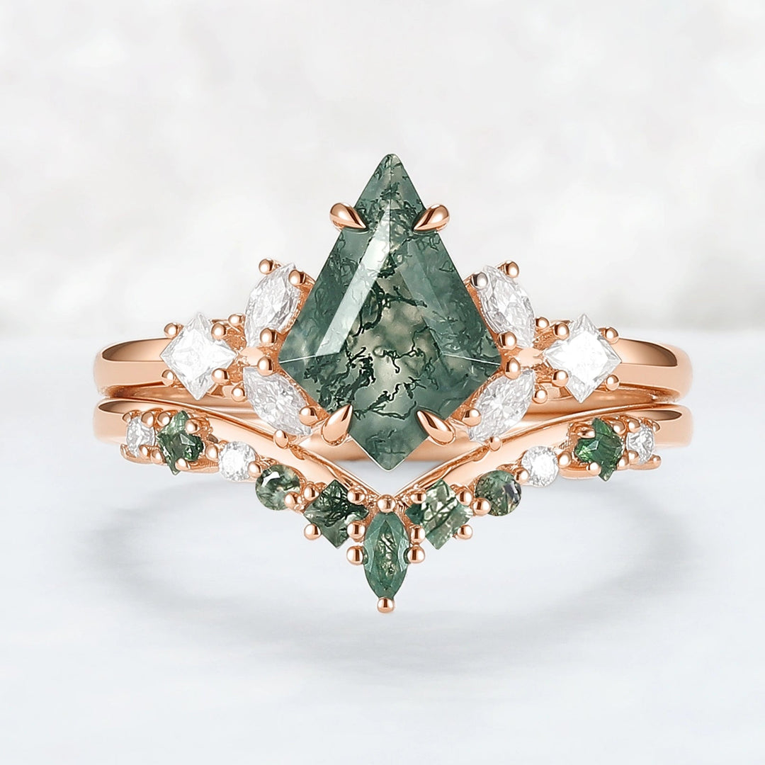 Cluster Kite Cut Moss Agate Engagement Ring Set 2pcs