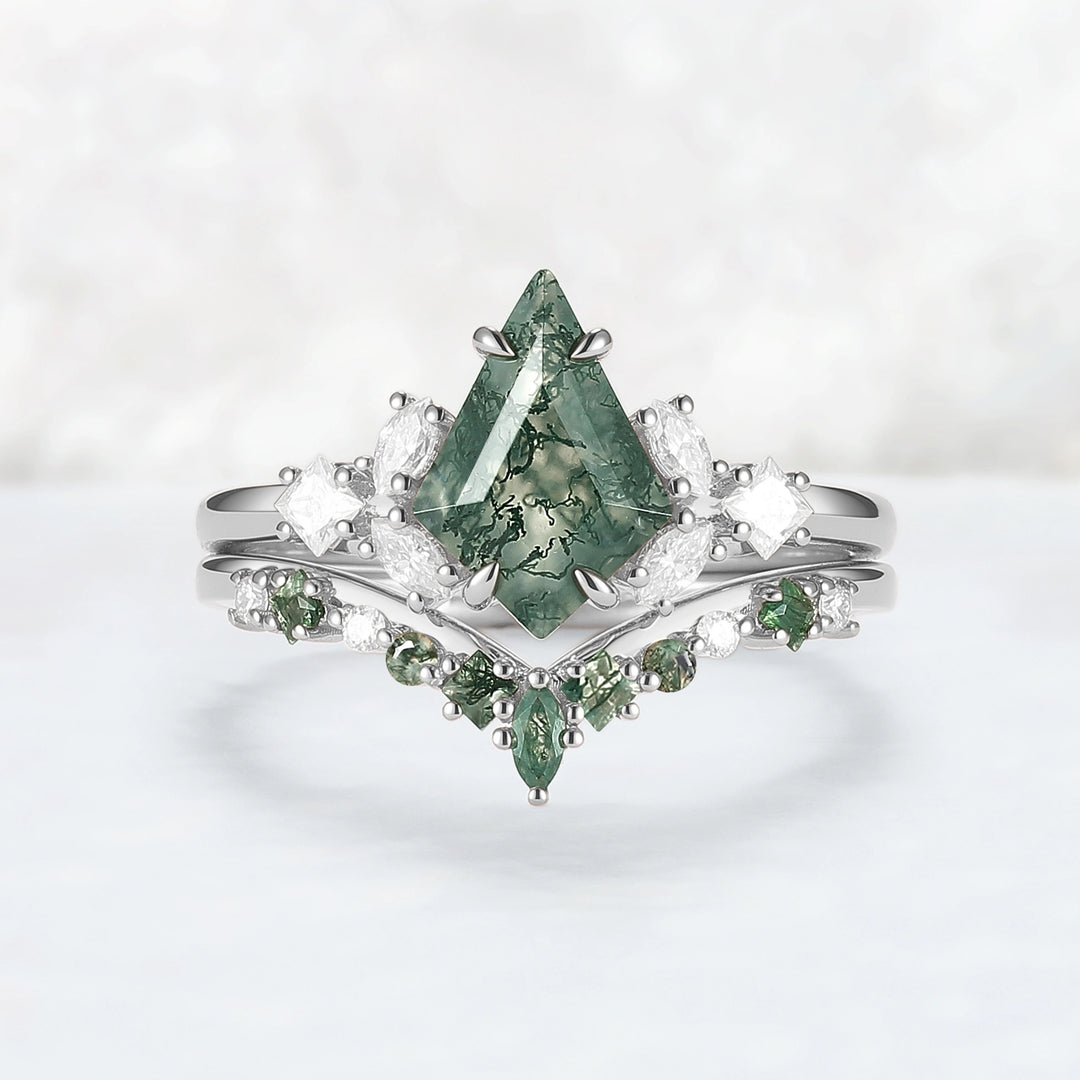 Cluster Kite Cut Moss Agate Engagement Ring Set 2pcs