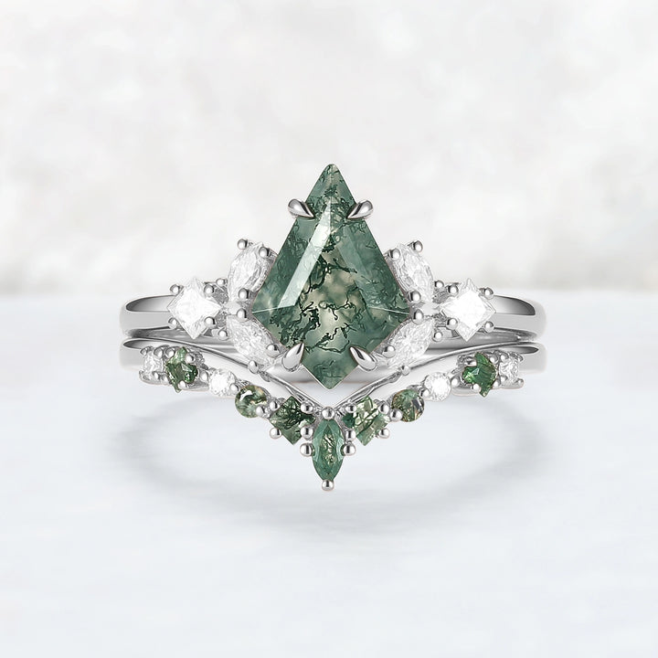 Cluster Kite Cut Moss Agate Engagement Ring Set 2pcs