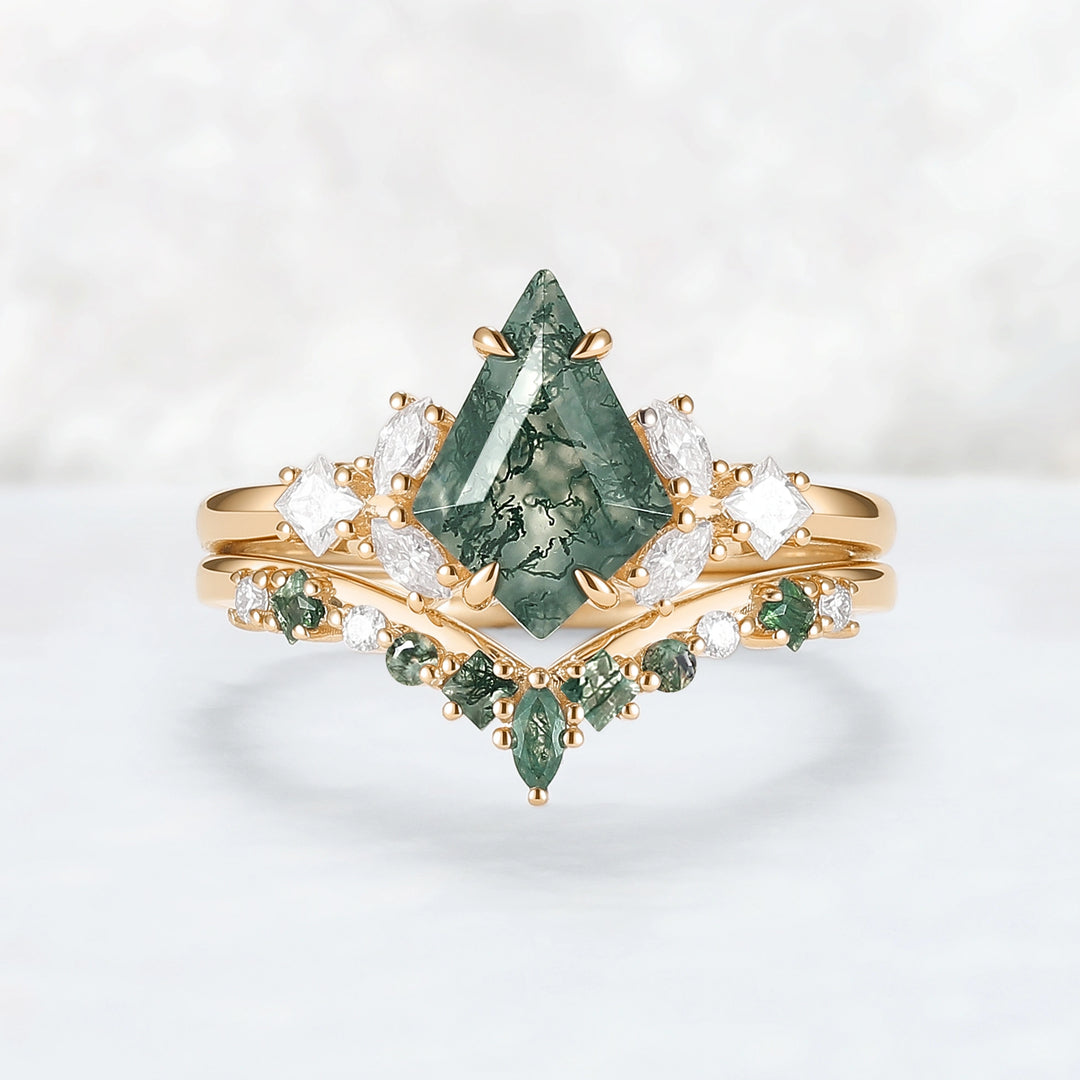 Cluster Kite Cut Moss Agate Engagement Ring Set 2pcs