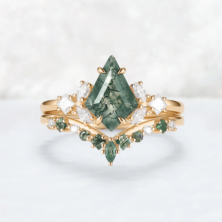 Cluster Kite Cut Moss Agate Engagement Ring Set 2pcs