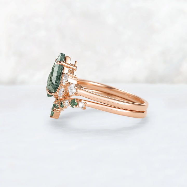Cluster Kite Cut Moss Agate Engagement Ring Set 2pcs