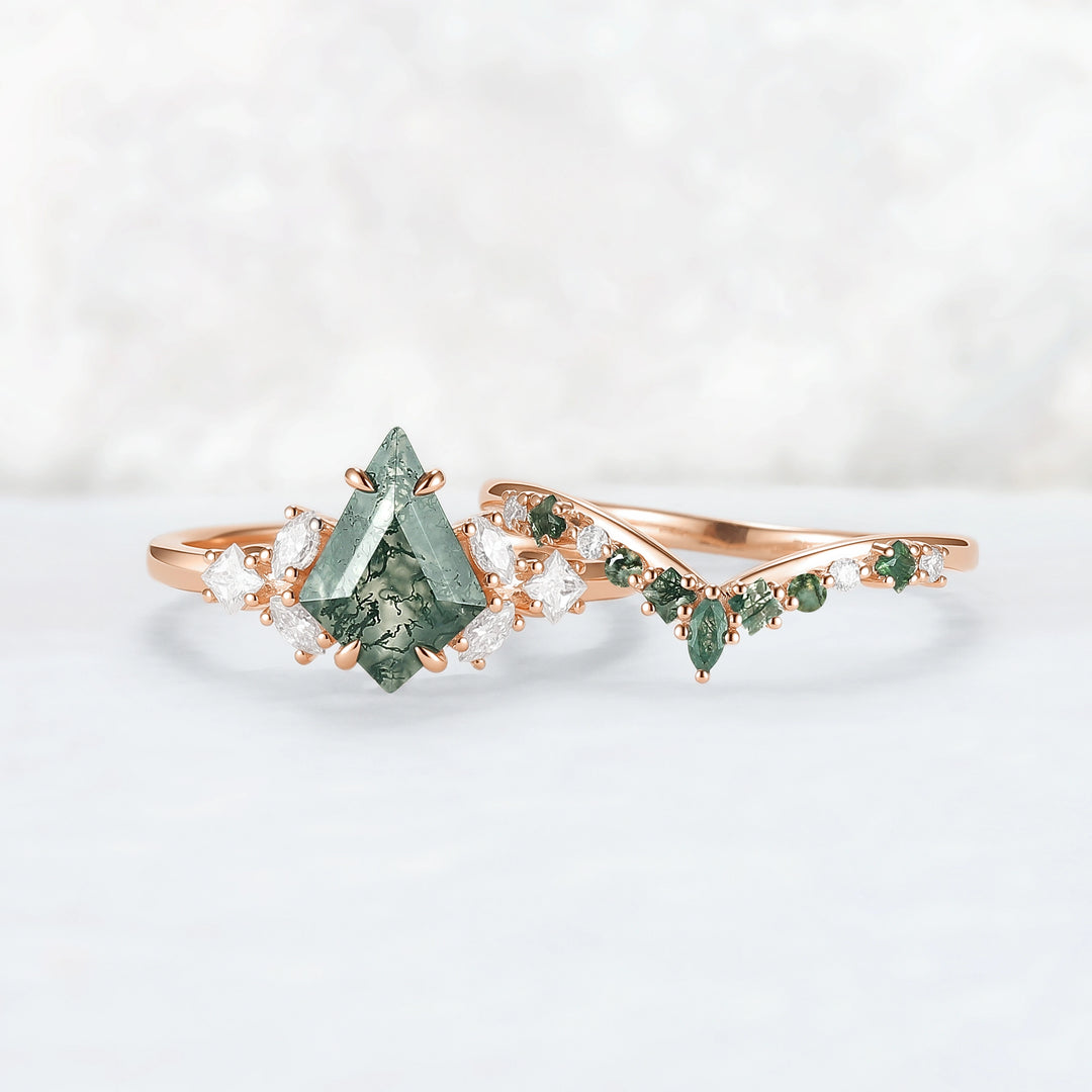 Cluster Kite Cut Moss Agate Engagement Ring Set 2pcs