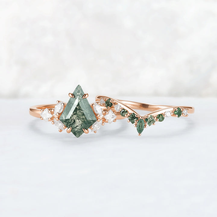 Cluster Kite Cut Moss Agate Engagement Ring Set 2pcs