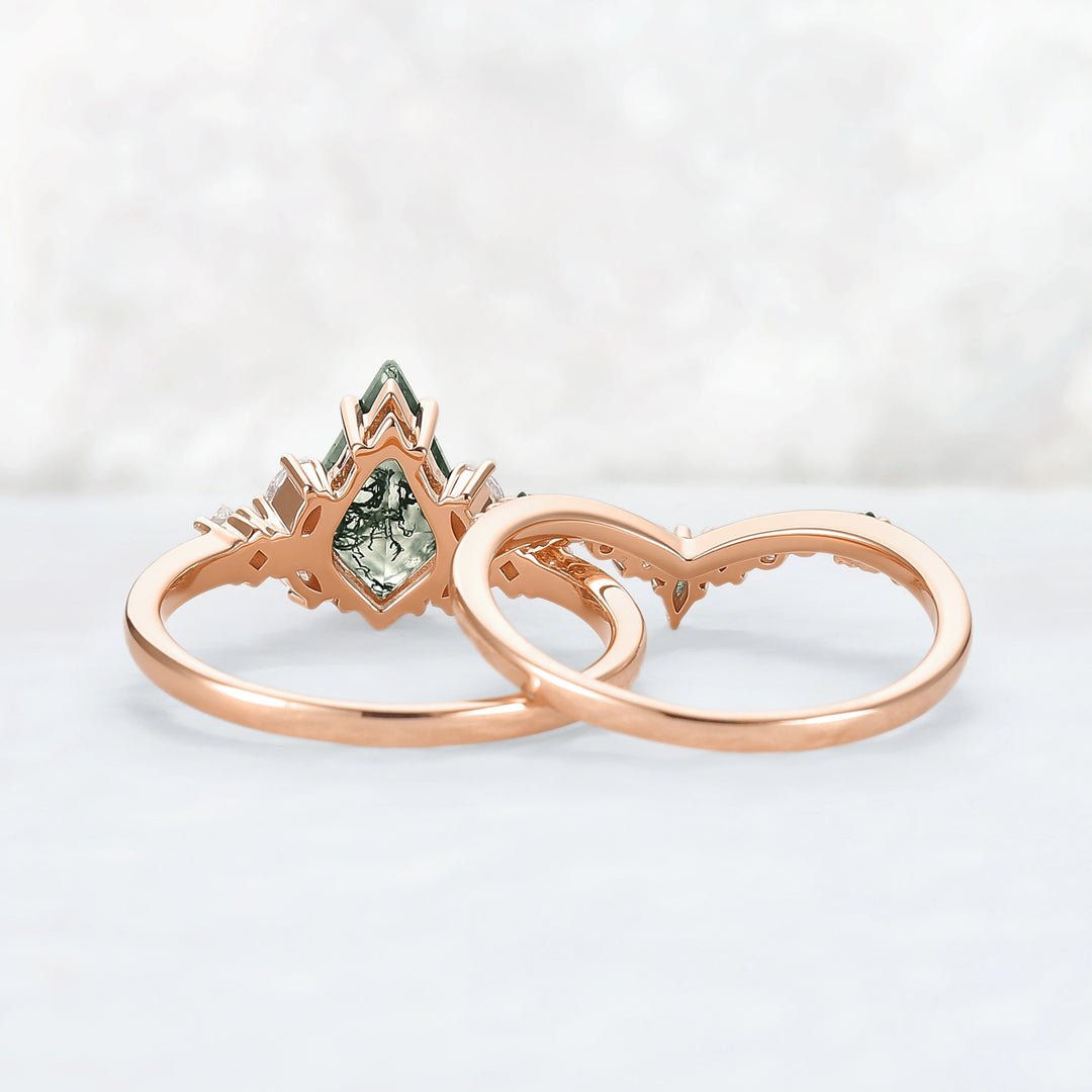 Cluster Kite Cut Moss Agate Engagement Ring Set 2pcs