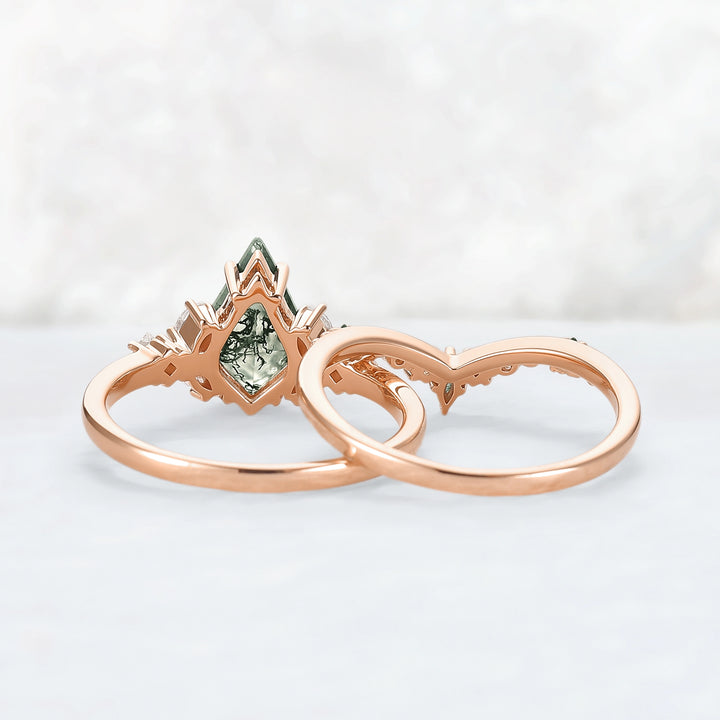 Cluster Kite Cut Moss Agate Engagement Ring Set 2pcs