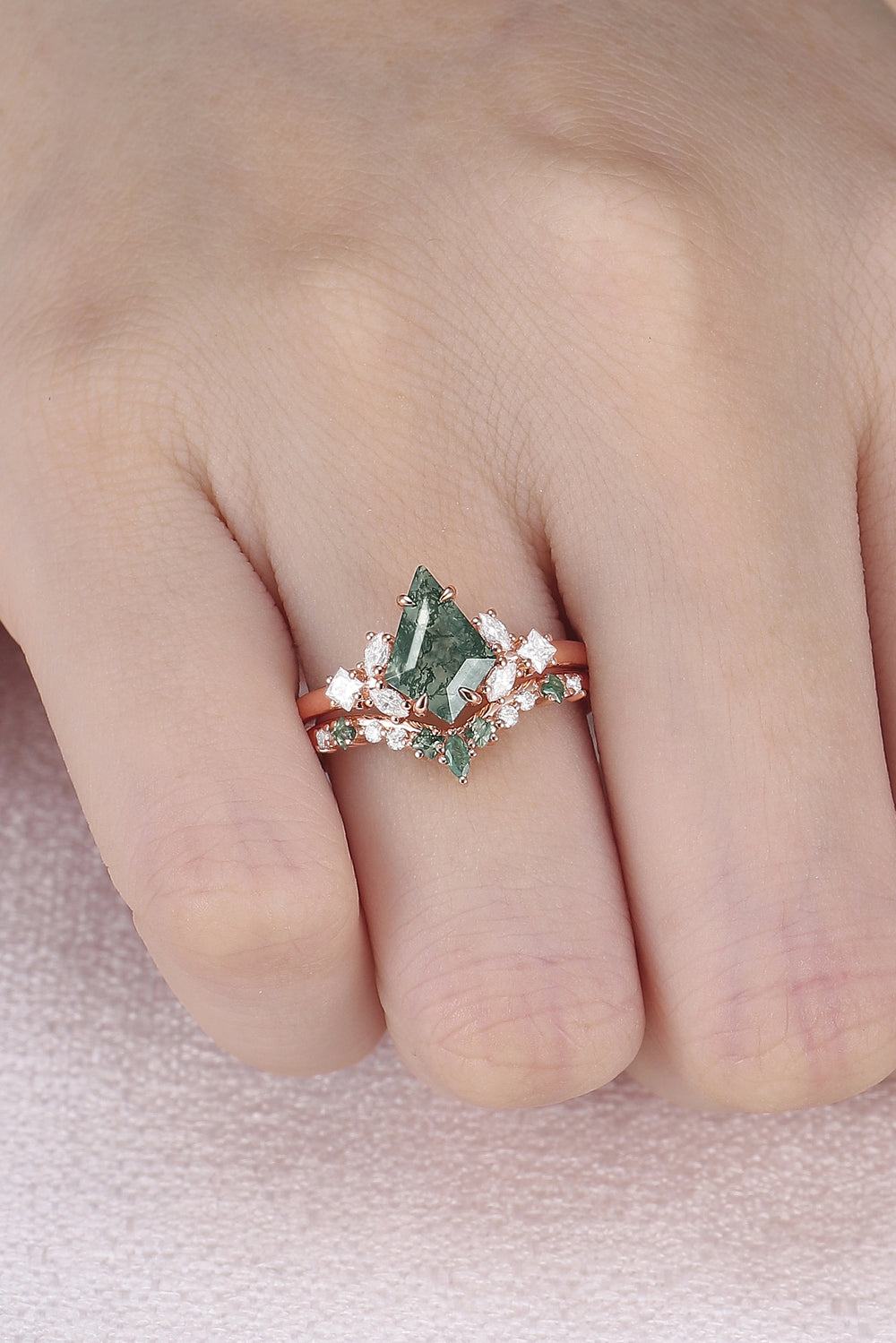 Cluster Kite Cut Moss Agate Engagement Ring Set 2pcs