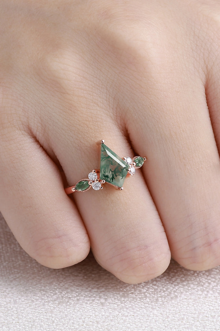 Cluster Kite Cut Moss Agate Engagement Ring With Marquise Moss Agate Accents & Beaded Edge