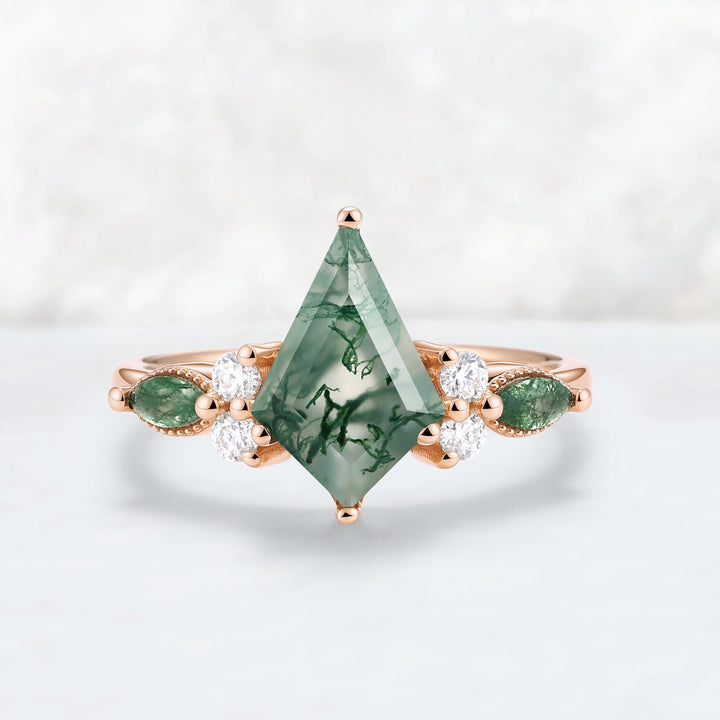 Cluster Kite Cut Moss Agate Engagement Ring With Marquise Moss Agate Accents & Beaded Edge