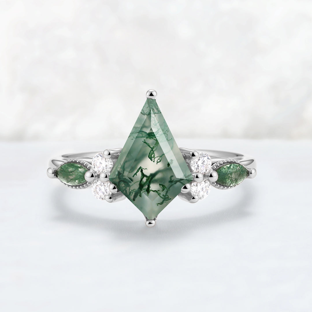 Cluster Kite Cut Moss Agate Engagement Ring With Marquise Moss Agate Accents & Beaded Edge