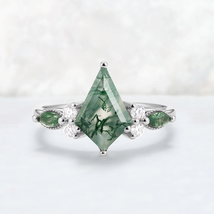 Cluster Kite Cut Moss Agate Engagement Ring With Marquise Moss Agate Accents & Beaded Edge