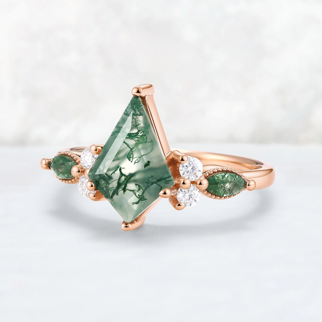 Cluster Kite Cut Moss Agate Engagement Ring With Marquise Moss Agate Accents & Beaded Edge