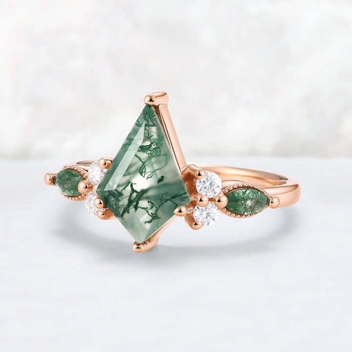 Cluster Kite Cut Moss Agate Engagement Ring With Marquise Moss Agate Accents & Beaded Edge
