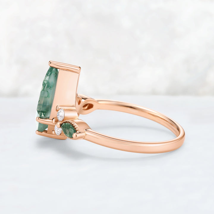 Cluster Kite Cut Moss Agate Engagement Ring With Marquise Moss Agate Accents & Beaded Edge