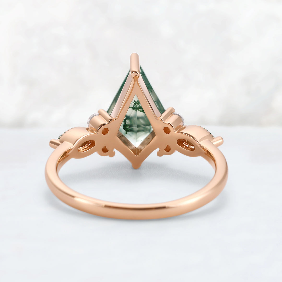 Cluster Kite Cut Moss Agate Engagement Ring With Marquise Moss Agate Accents & Beaded Edge