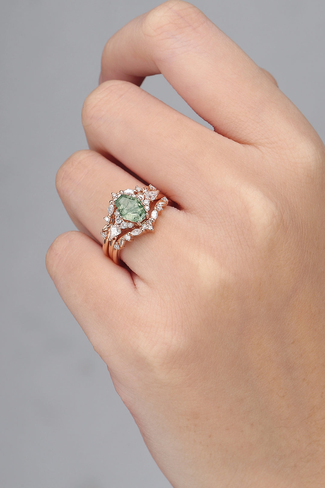 Unique Kite Cut Moss Agate Leafy Engagement Ring Enhancer