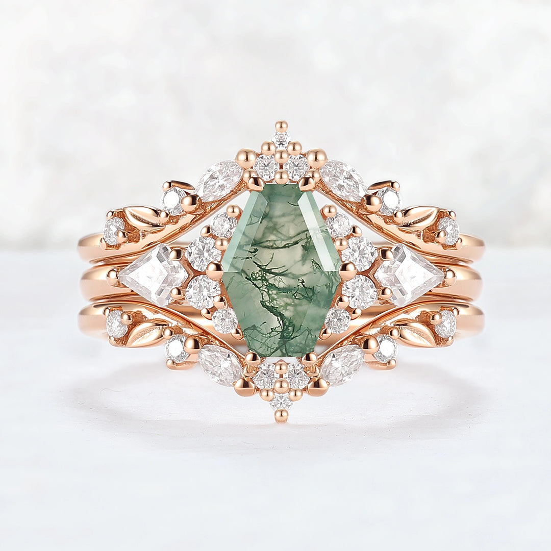 Unique Kite Cut Moss Agate Leafy Engagement Ring Enhancer