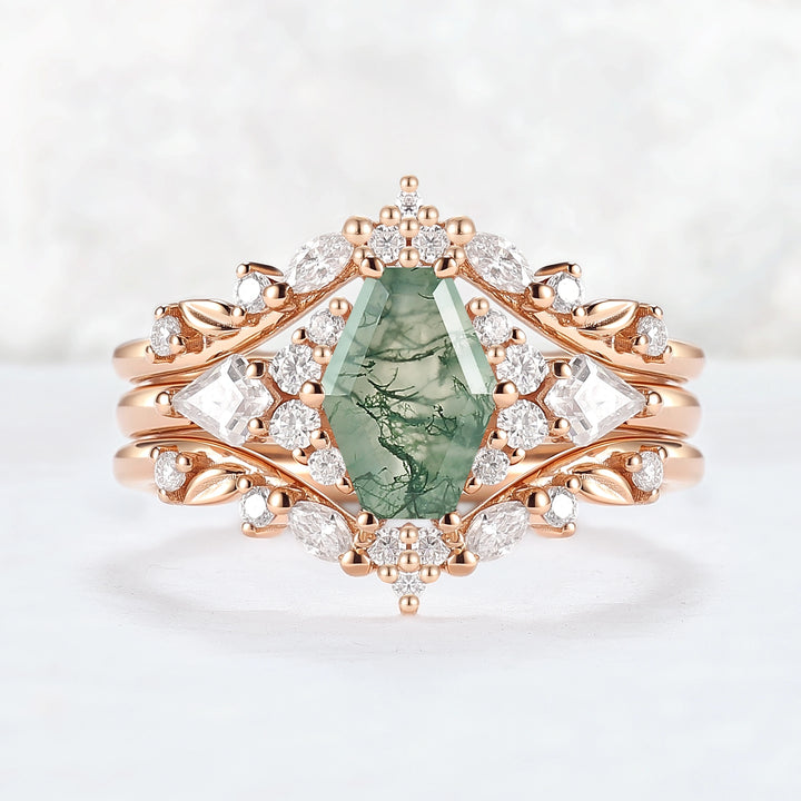 Unique Kite Cut Moss Agate Leafy Engagement Ring Enhancer