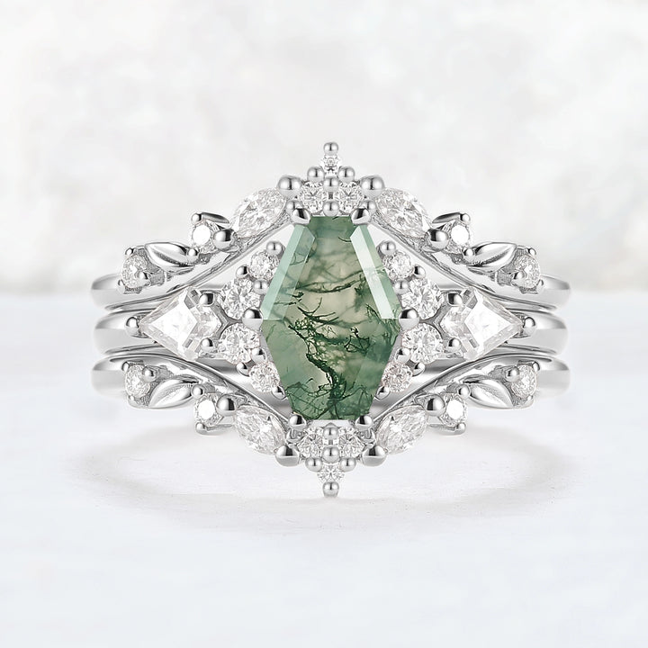Unique Kite Cut Moss Agate Leafy Engagement Ring Enhancer