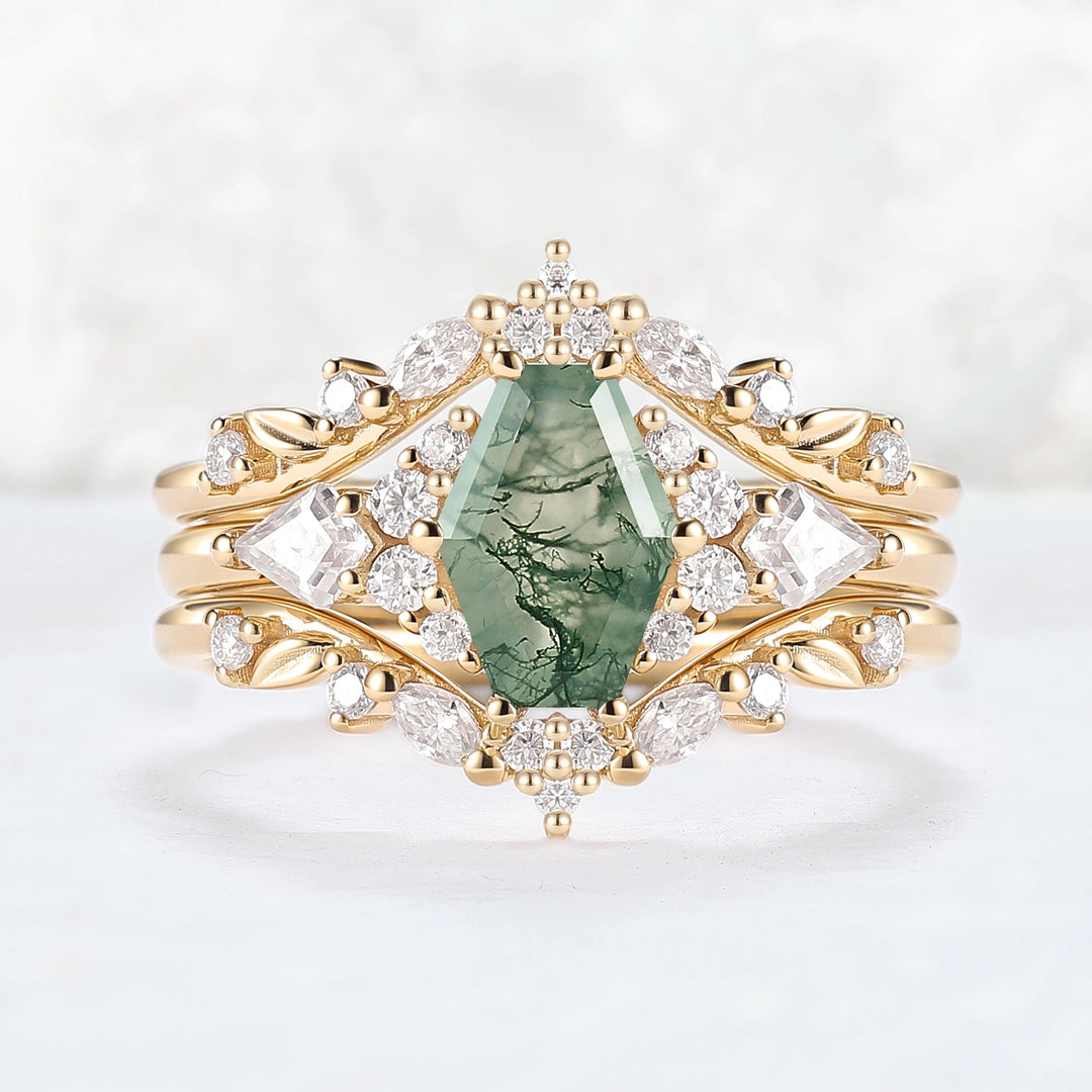 Unique Kite Cut Moss Agate Leafy Engagement Ring Enhancer