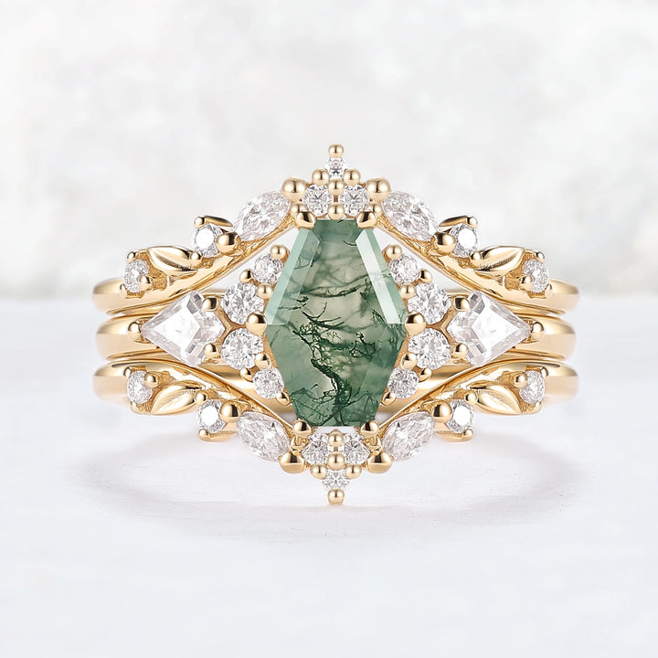 Unique Kite Cut Moss Agate Leafy Engagement Ring Enhancer