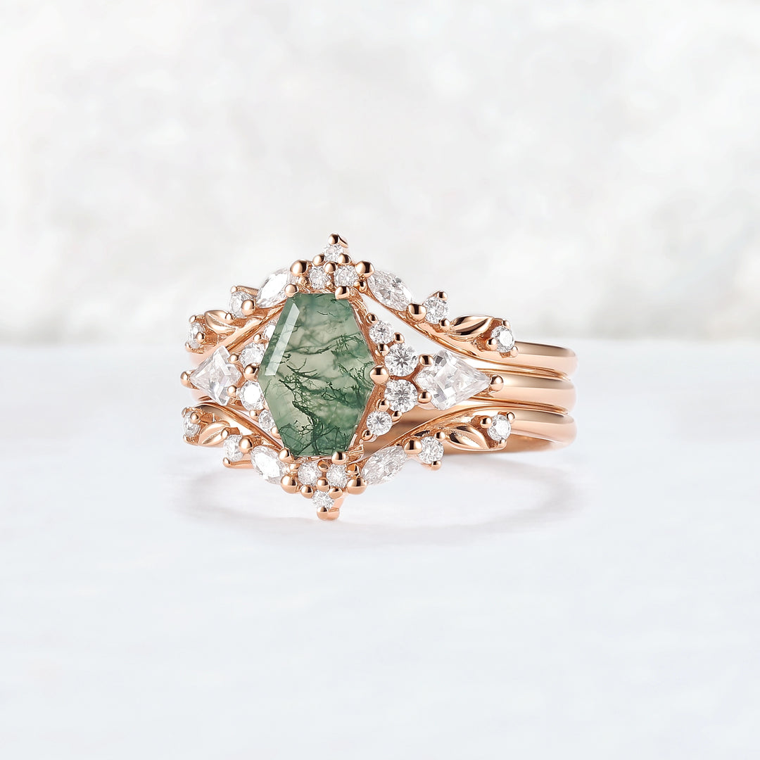 Unique Kite Cut Moss Agate Leafy Engagement Ring Enhancer