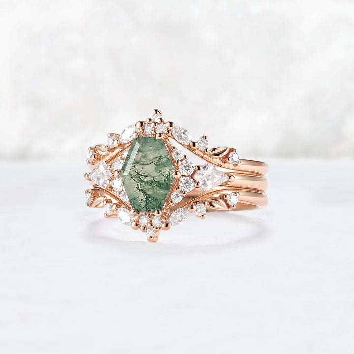 Unique Kite Cut Moss Agate Leafy Engagement Ring Enhancer