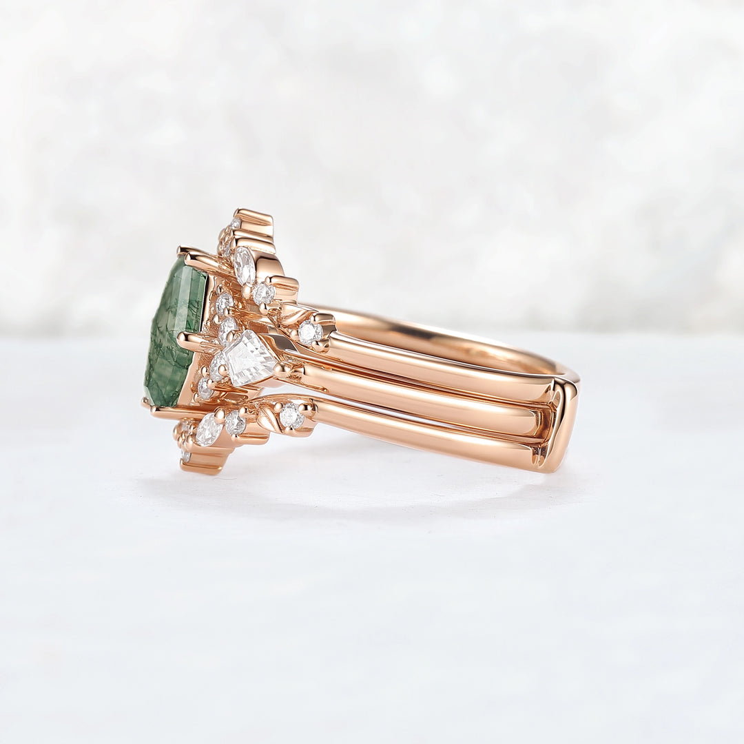Unique Kite Cut Moss Agate Leafy Engagement Ring Enhancer