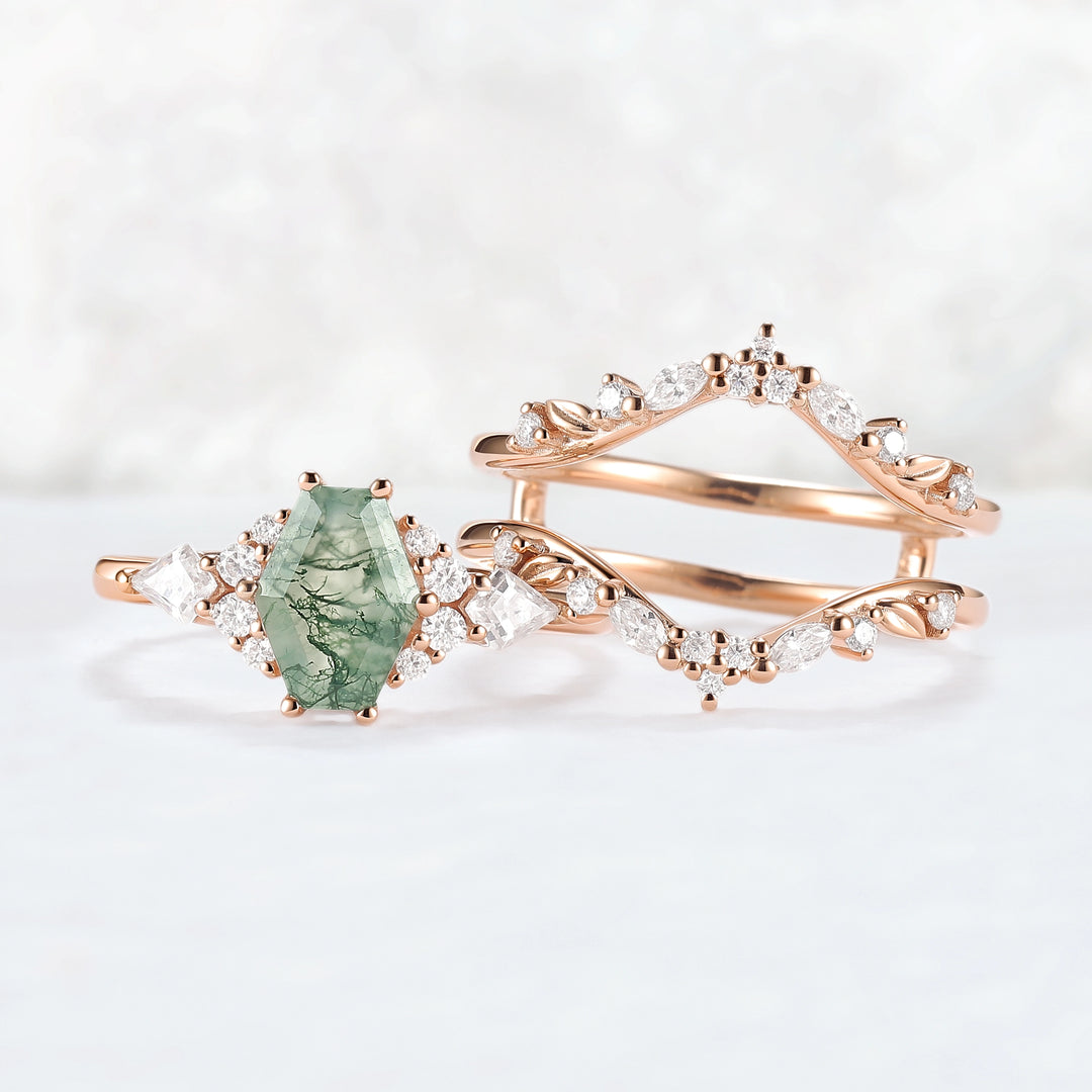 Unique Kite Cut Moss Agate Leafy Engagement Ring Enhancer