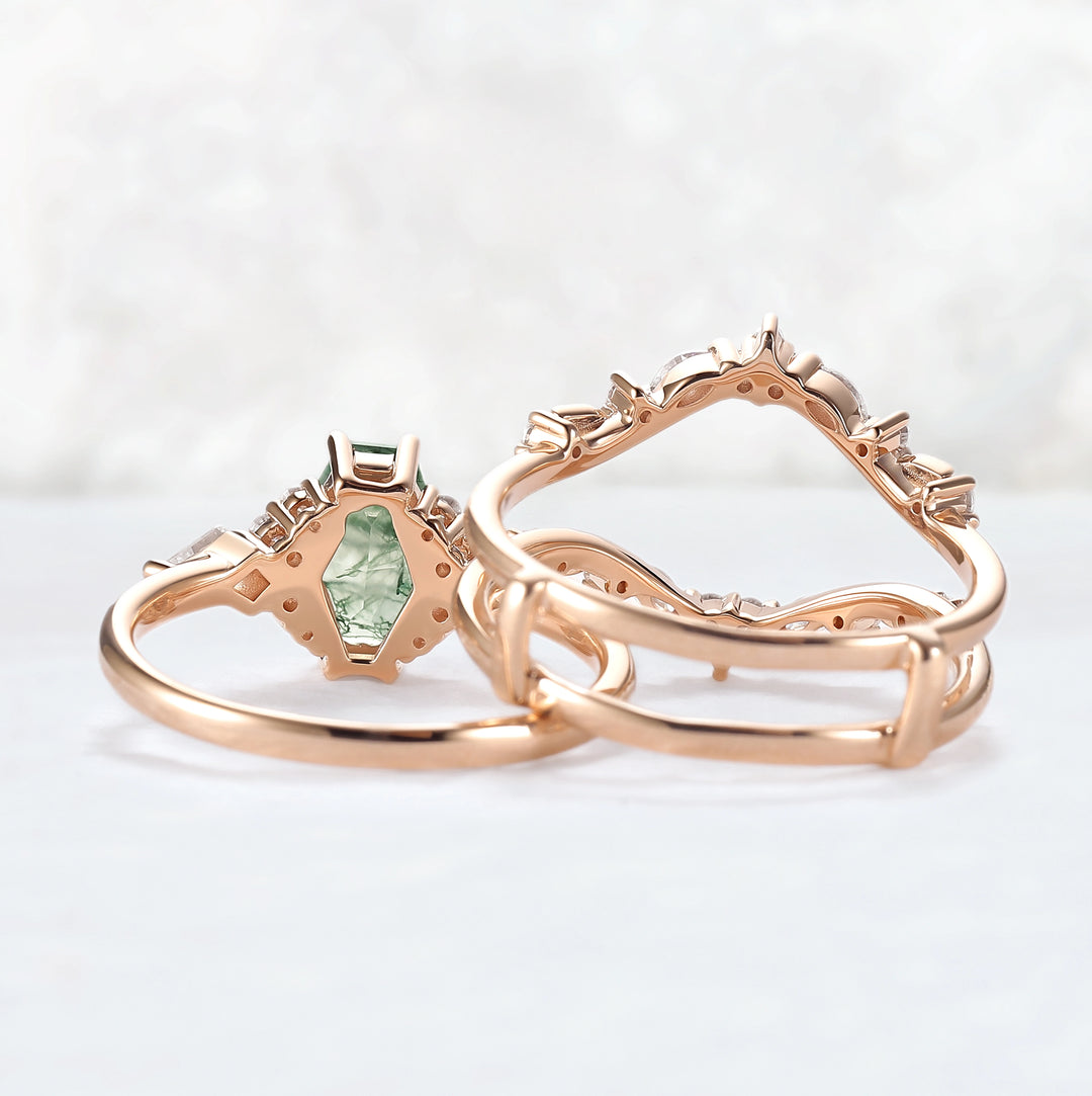 Unique Kite Cut Moss Agate Leafy Engagement Ring Enhancer