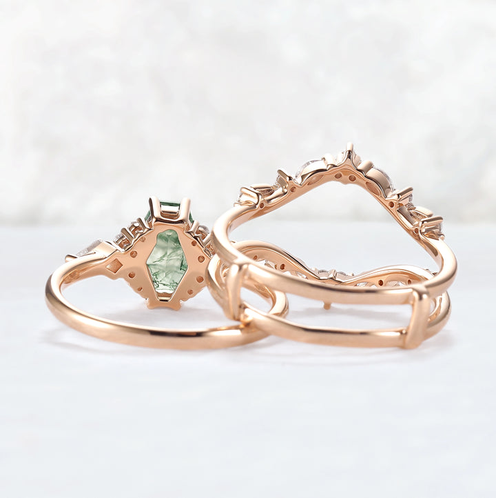 Unique Kite Cut Moss Agate Leafy Engagement Ring Enhancer